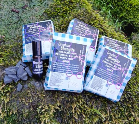 SHUNGITE SOAP- HANDMADE 80gm with citrus eruptions of organic essential oils blend of lime, grapefruit, sweet orange, Patchouli and clove.(not tested on animals, contains no chemicals)